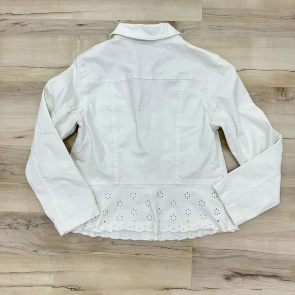 Talbots Eyelet Peplum white-denim jean jacket Sz Medium petite great condition - Picture 5 of 7